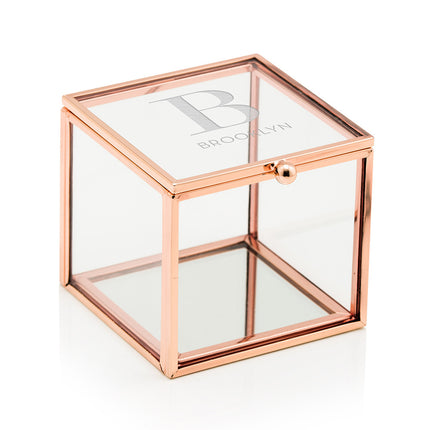 Small Glass Jewelry Box with Rose Gold - Modern Serif Initial Etching