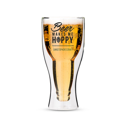 Personalized Double Walled Beer Glass Beer Makes Me Hoppy Print