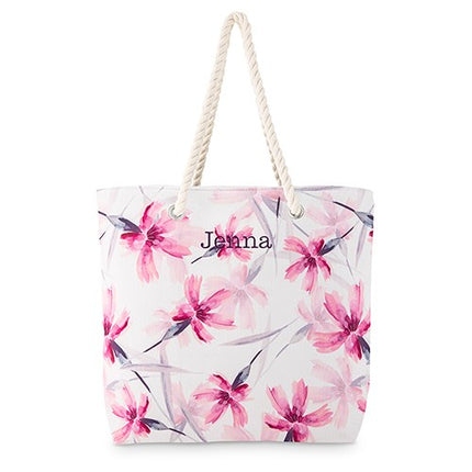 Personalized Pink Floral Watercolor Extra-Large Cotton Canvas Fabric Beach Tote Bag