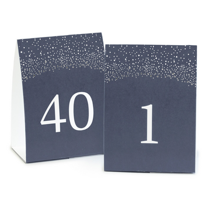 Table Number Tents 1- 40 with White and Navy Sparkle Design