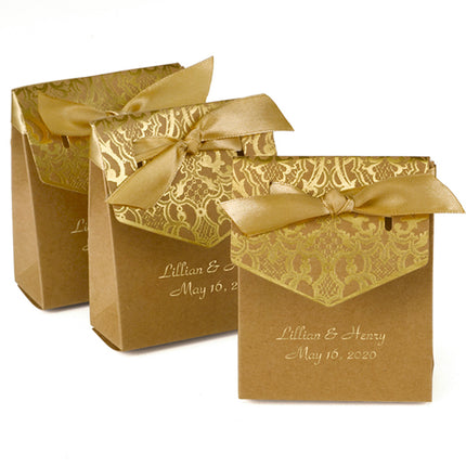 Personalized Gold Tent Favor Box with Gold Satin Ribbon
