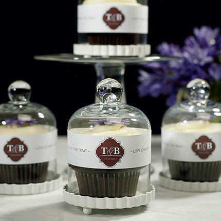 Miniature Bell Jar with White Fluted Base Wedding Favor with Cupcakes Inside
