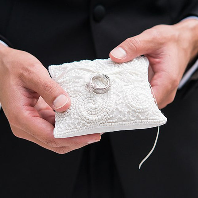 Mini White Beaded Wedding Ring Pillow