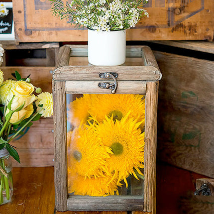 Rustic Wood and Glass Box with a Hinged Lid filled with Flowers