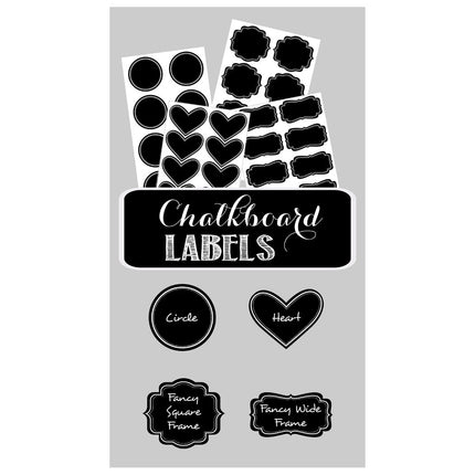 Different Vinyl Chalkboard Label shapes, including heart, circle and decorative shapes.