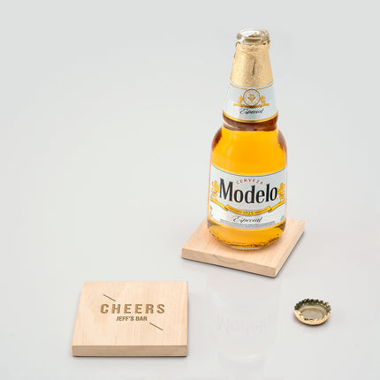 Natural Wood Coaster with Built-in Bottle Opener - Cheers Etching