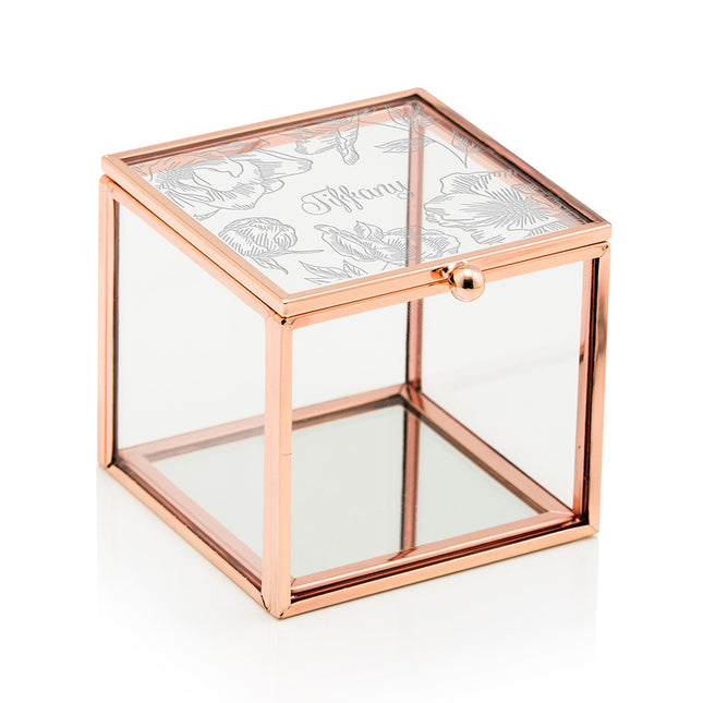 Small Glass Jewelry Box with Rose Gold Edges - Modern Floral Etching