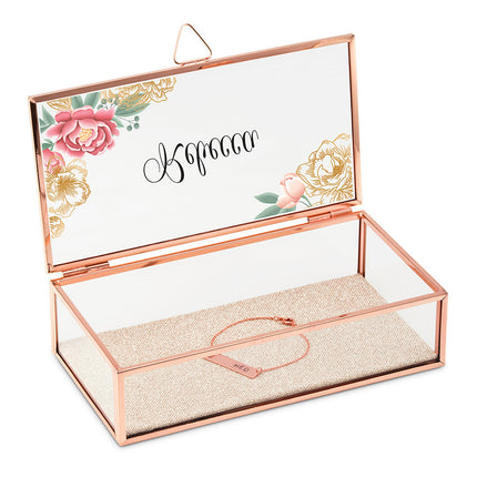 Personalized Glass Jewelry Box with Rose Gold - Modern Floral Printing