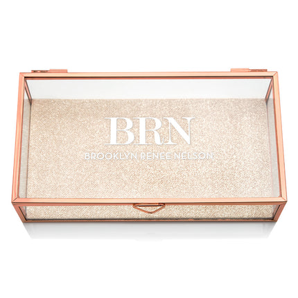 Personalized Glass Jewelry Box with Rose Gold - Modern Serif Initials Printing