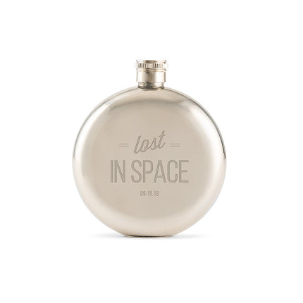 Lost in Space Engraved Round Silver Hip Flask for Men