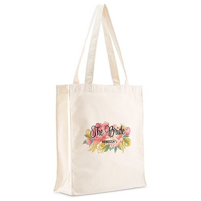Personalized White Canvas Tote Bag - Modern Floral Tote Bag with Gussets Large
