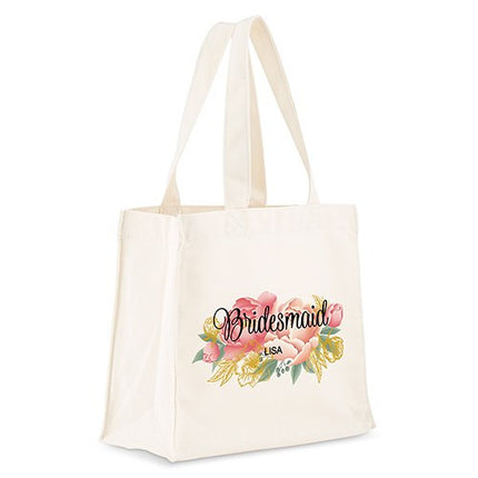 Personalized White Canvas Tote Bag - Modern Floral Tote Bag with Gussets Small
