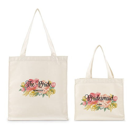 Personalized White Canvas Tote Bag - Modern Floral Tote Bag with Gussets
