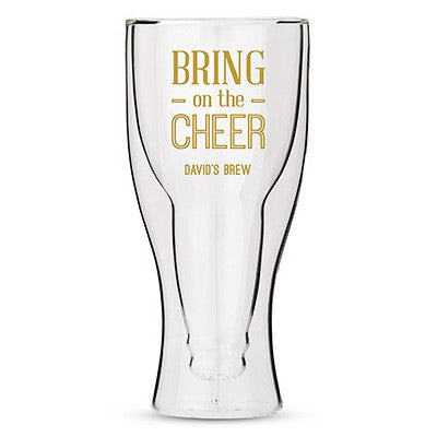 Personalized Double Walled Beer Glass Bring on the Cheer Print Gold
