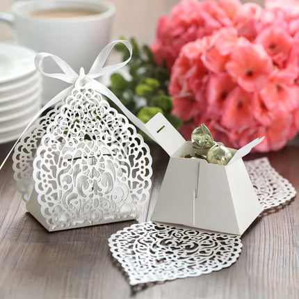 Boho Moroccan White Laser Cut Paper Wedding Party Favor Box (25 Boxes)