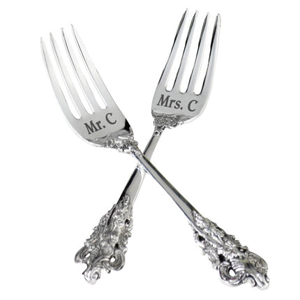 Personalized Bride and Groom Silver Fork Wedding Cake Set