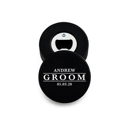 Groom's Custom Black Hockey Puck Bottle Opener Gift