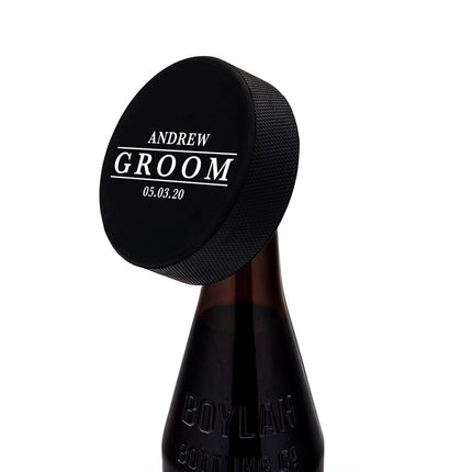 Groom's Custom Black Hockey Puck Bottle Opener Gift