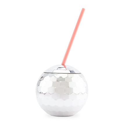 Bridal Party Disco Ball Tumbler Cup in Silver with Pink Straw