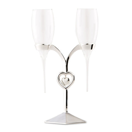 Joined Hearts Wedding Champagne Glasses with Silver Stand