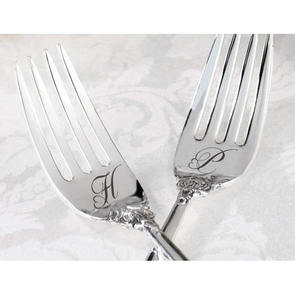 Personalized Heart Monogram Bride and Groom Silver Fork Wedding Cake Set
