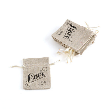 Mini Linen Drawstring Pouch with Love Print (Pack of 12)