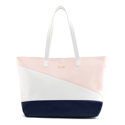 Monogrammed Pink White & Blue Faux Vegan Leather Tote Bag