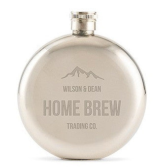 Personalized Mountain Engraved Round Silver Hip Flask