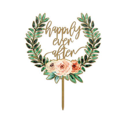 Floral Happily Ever After Natural Wood Cake Wedding Topper