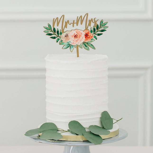 Natural Wood Cake Topper Decoration - Floral Mr + Mrs