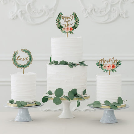 Natural Wood Cake Topper Decoration - Floral Mr + Mrs