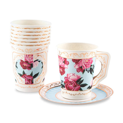 Disposable Floral Paper Tea Party Cups with Plates - Set of 8