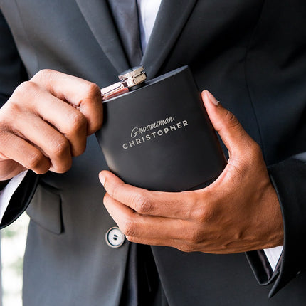 Personalized Groomsman Cursive Engraved Black Hip Flask with Gift Box