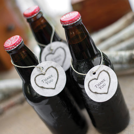 Rustic Heart Favor Cards on Root Beer Bottles