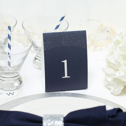 Table Number Tents 1- 40 with White and Navy Sparkle Design