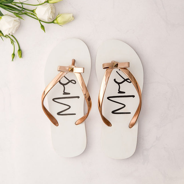 Brideal Shoes - Women’s Mrs White and Rose Gold Flip-Flops with Bow