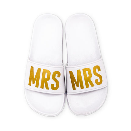 Womens White Bridal Party Slide Sandals Mrs