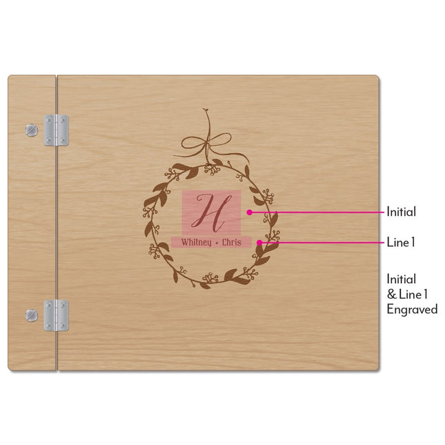 Personalized Wooden Wedding Guest Book with Wreath Etching