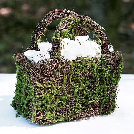 Moss and Wicker Woodland Wedding Flower Girl Basket with White Silk Flower Petals (not included).