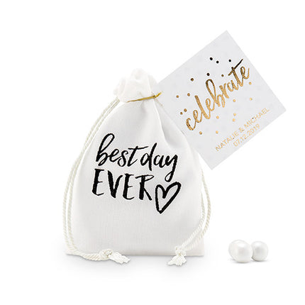 Black and White Best Day Ever Muslin Drawstring Favor Bag