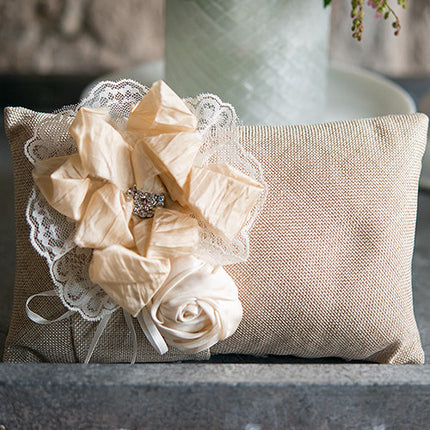 Rustic Burlap Wedding Ring Pillow with Flowers