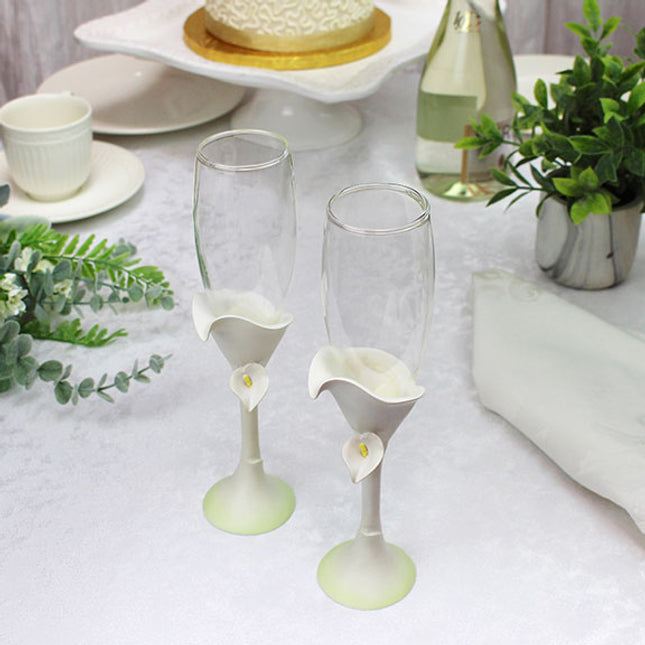 Calla Lily Toasting Glasses Wedding Glass and Resin Flute Set