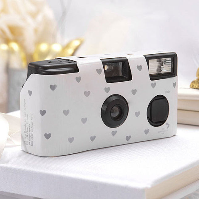 White with silver hearts disposable camera for weddings and parties.