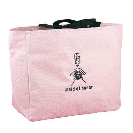 Give her a place to store all of her wedding day essentials, Pink Maid of Honor Tote Bag.