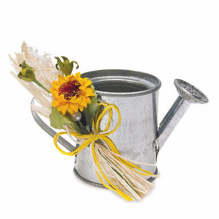 Mini Watering Can Wedding Favor decorated with flowers (not included).
