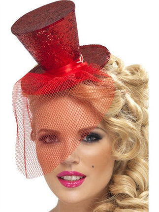 Red Glitter Mini Top Party Hat on Headband with Veil
