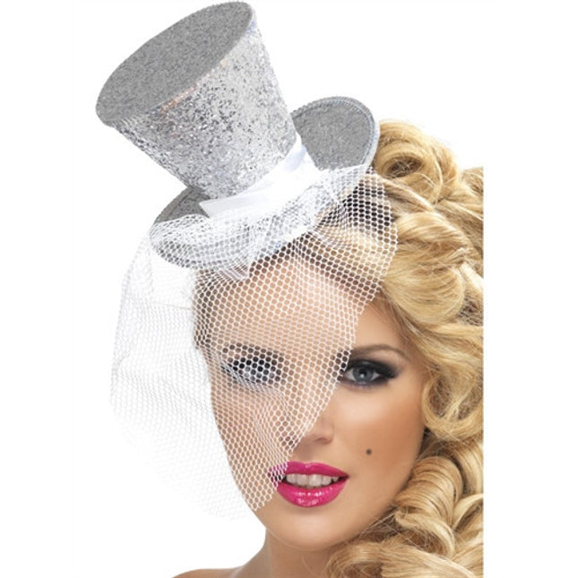 Silver Glitter Mini Top Party Hat on Headband with Veil