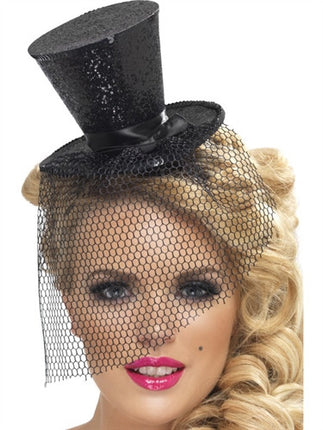 Black Glitter Mini Top Party Hat on Headband with Veil