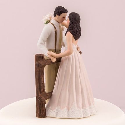 Rustic Bride and Groom Porcelain Wedding Cake Topper with Fence