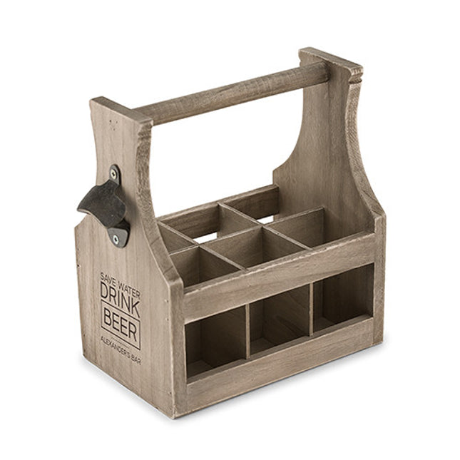 Personalized Wooden 6-Pack Bottle Caddy with Bottle Opener